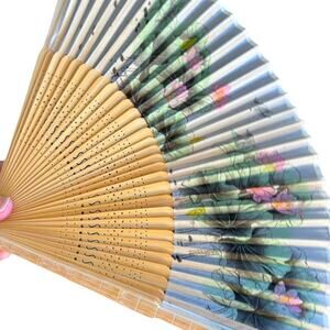 Vintage Japanese Folding Fan Bamboo Frame Floral Asian With Box Retro Design